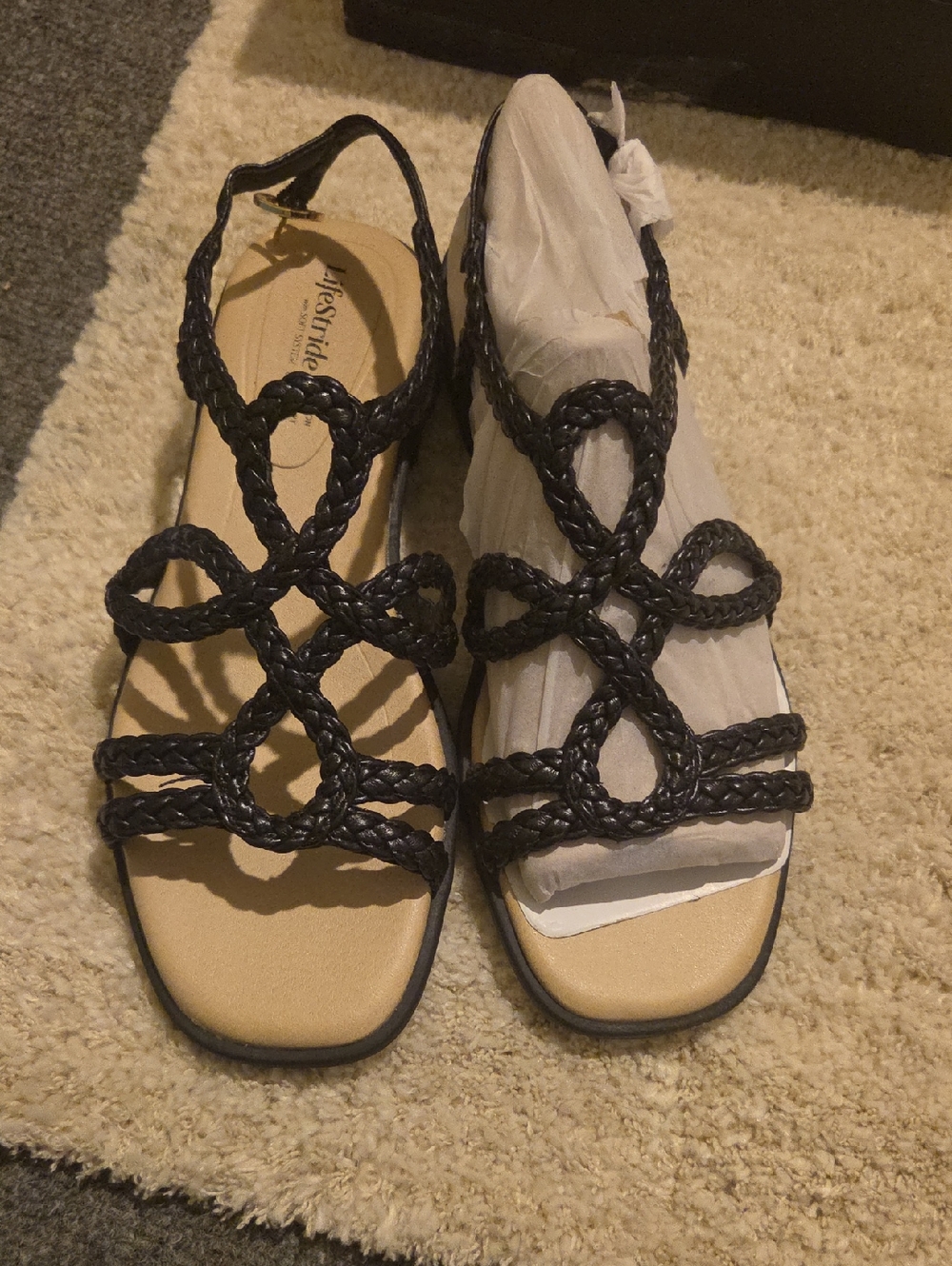 Life Stride Black Braided T-Strap Slingback Sandals